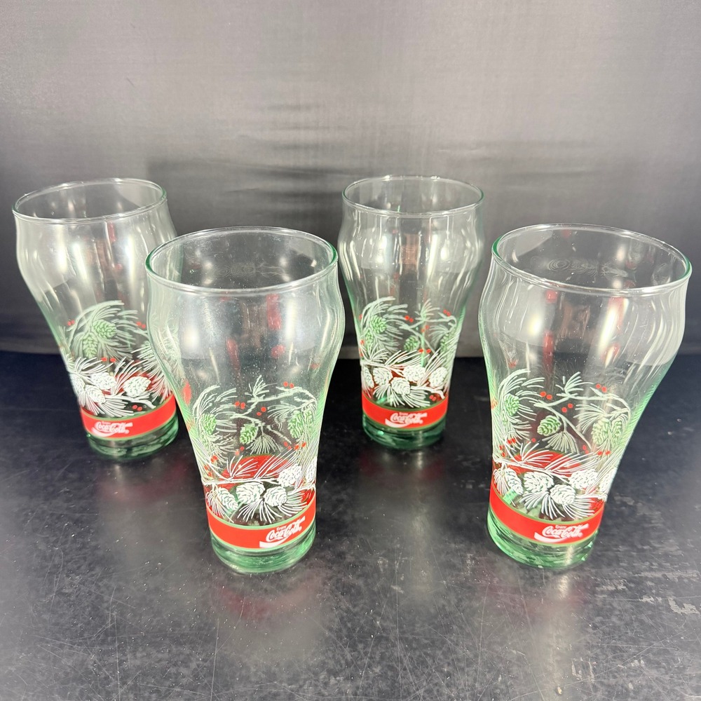 Vintage Coca-Cola Christmas Glasses Set of 4 Georgia Green Pinecone Holiday Logo